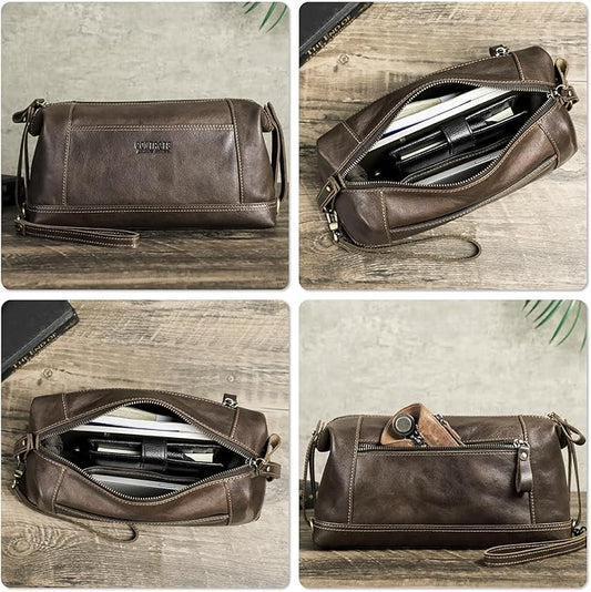 Travel Organizer Bag, Top Grain Leather, Handmade Vintage Design, Large Size & Multi Pockets, Portable Travel Storage Bag for Phone, USB Cable, Charger, Notebook, Cash, Cosmetics, Toiletries