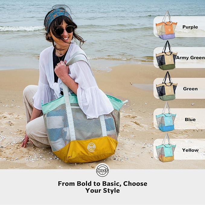 STOVER Large Mesh Beach Bag, Vacation, Pool, Shopping, & Travel Tote - Foldable w/Storage Pockets for Women, Men & Families