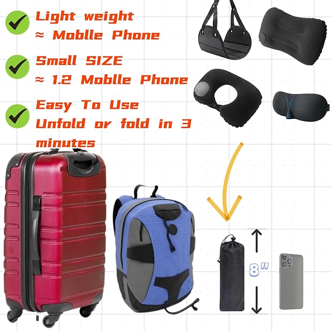 Portable Travel Sleep Comfort Set for Plane 2 Inflatable Travel Pillows,Foot Rest Hammock,Eye Mask Ear Plugs for Airplane Flight Essentials for Seat Airplane Gadgets forSleep Comfort Kit