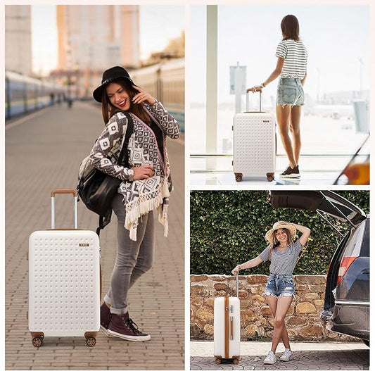 Kono 24 Inch Luggage Medium checked Lightweight Hardside Suitcase with Spinner Wheels & Built-in TSA Lock, Cream White