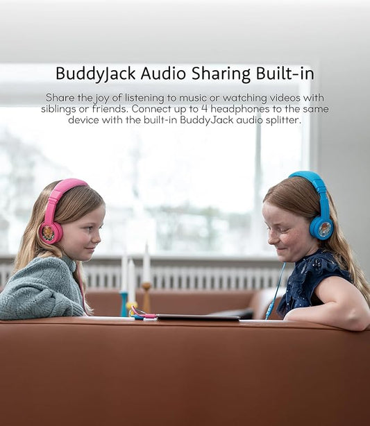 BuddyPhones Explore Plus | Foldable Kids Wired Headphones, Built-in Audio Sharing Cable with in-Line Mic - SafeAudio Volume-Limiting for Kindle, iPad, iPhone, or Android (Cool Blue)