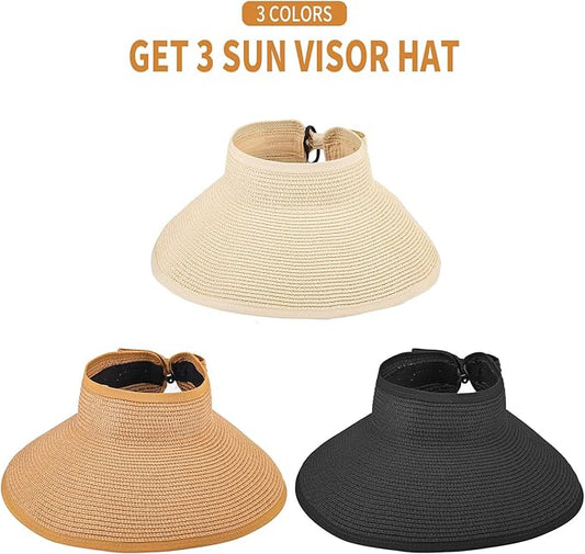 3PCS Foldable Straw Sun Visor Hats for Women, Wide Brim Ponytail Summer Beach Hat, Protect Your Skin Easily
