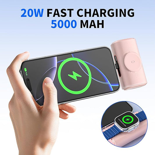 ZBF Portable Charger, 5000mAh Pocket-Size Power Bank, 20W PD Fast Charging with Built-in USB-C Charging Port, Travel Battery Pack for Apple Watch Ultra SE/11/10/9/8 Phone 17/16/15 etc. (Light Pink)