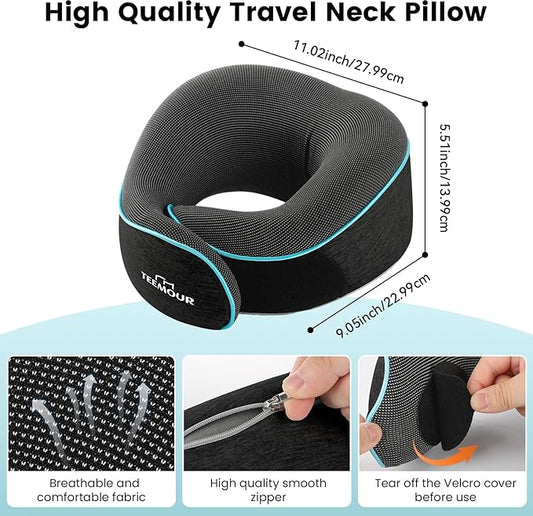 Teemour Upgraded Neck Pillow for Airplane Travel - 360Β° Support, Memory Foam Travel Pillow with Eye Mask & Earplugs, Portable Carry Bag for Long Flights/Car| Best Airplane Accessories Dark Grey
