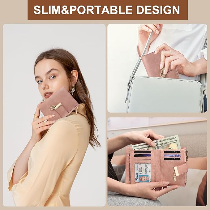 yiijay Small Wallet Women RFID Blocking Leather Bifold Wallet Credit Card Holder for Women Ladies Compact Wallet Mini Purse With Zipper Pocket