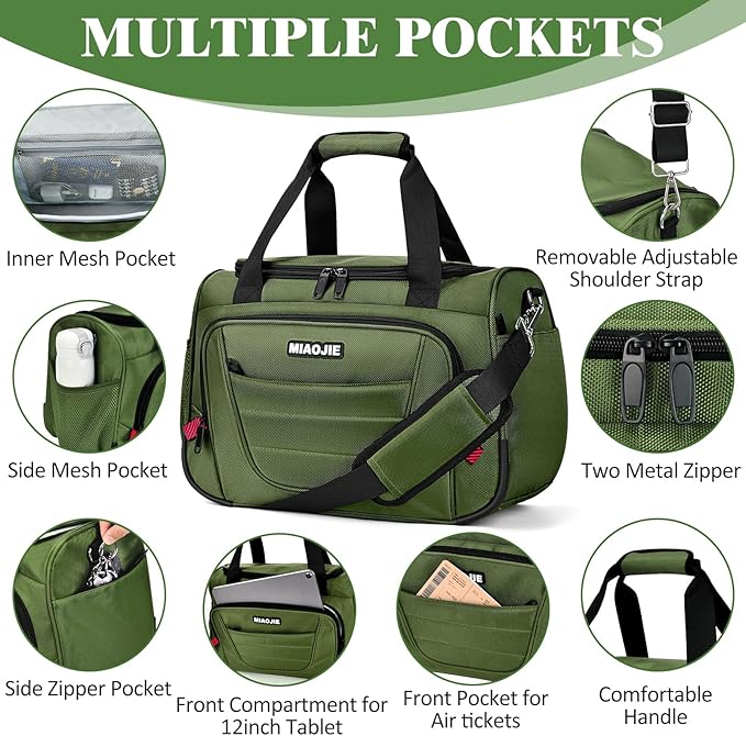 Underseat Carry On luggage Bag Airplanes Personal Item Bags, Gym Bag for Men Weekender Overnight Travel Tote Bag Shoulder Small Softside Carry on Luggage Travel Duffel Bags For Men,16 IN Green