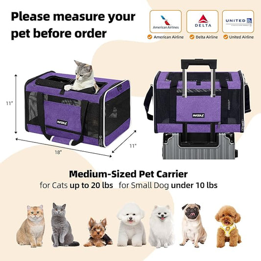 Cat Carrier Soft-Sided 18x11x11 Inch Travel Bag for Medium Cats over 15lbs, Small Dog Carrier Crate Top Entry Breathable Mesh Puppy 12 Pounds, Pet Rabbit Carrying Cage Kennel Collapsible Purple