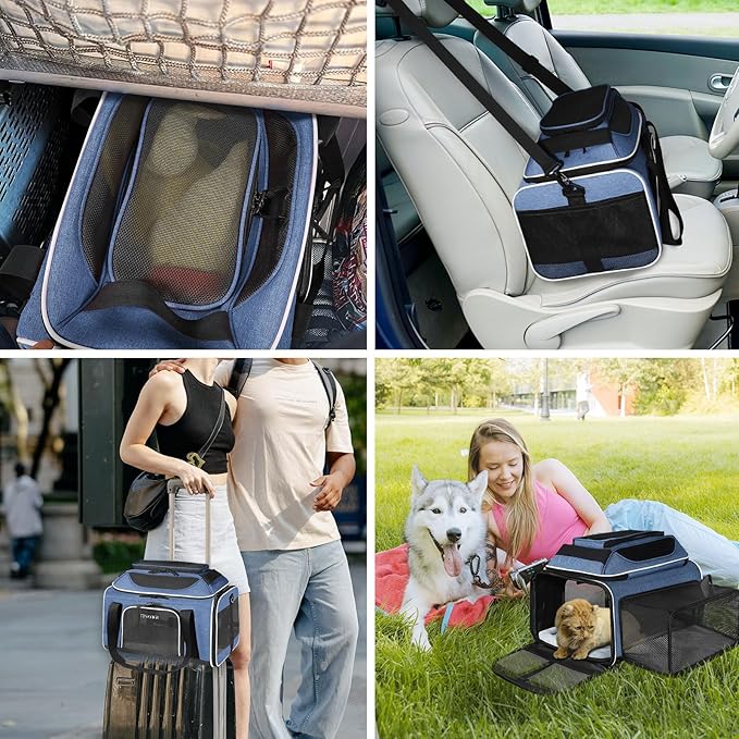 Petskd Top and Side Expandable Pet Carrier 18x13x9.5 Inches Southwest Airline Approved, Soft-Sided Carrier for Small Cats and Dogs with Locking Safety Zippers and Anti-Scratch Mesh(Blue)