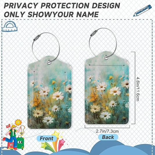 2 Pack Luggage Tag for Suitcase, Vintage Wild Flowers Leather Bag Tags Identifiers Privacy Cover ID Label with Durable Steel Loop for Women Men Kids Girls Travel