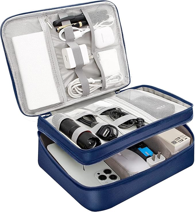 Electronics Travel Organizer, Double Layer Cable Organizer Bag Waterproof Electronics Accessories Storage Bag for Charger, Phone, Power Bank, Hard Drive, Cord, Tablet