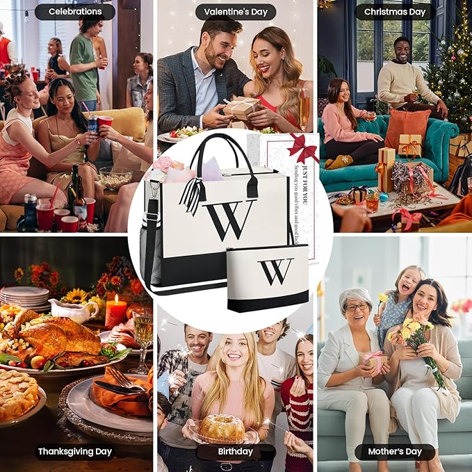 BAGAIL Initial Tote Bag, Personalized Birthday Gifts for Women, Teacher, Friends, Mom, Wedding, Monogrammed Beach Bag