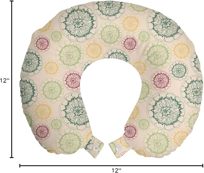 Ambesonne Retro Travel Pillow Neck Rest, Colorful Drawings of Mandala Inspired Round Motifs Floral Ornamental Scenes, Memory Foam Traveling Accessory for Airplane and Car, 12", Champagne