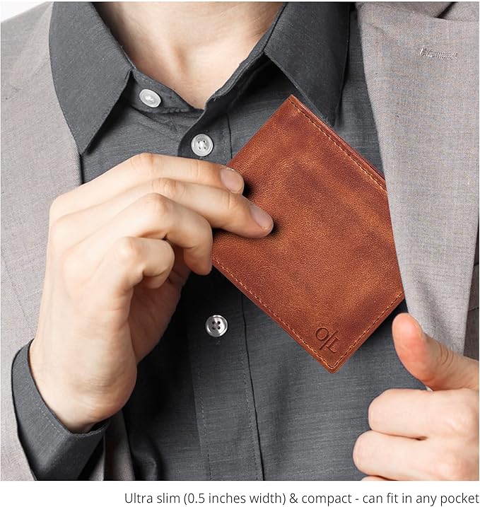 Oak Leathers Slim Leather Wallet for Men - RFID Blocking Slim Minimalist Front Pocket - Thin & Stylish with ID Window, Gift For Men (Vintage Tan)