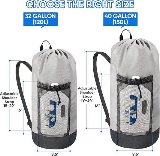 BALEINE 120L Laundry Bag Backpack, 900D Oxford Fabric Large Travel Laundry Bags with Shoulder Straps and 2 Mesh Pockets for College Dorm, Apartment, Laundromat (Gray, 120L)