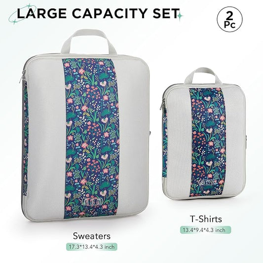 2 Set Compression Packing Cubes for Travel Essentials,Compressible Expandable Packing Cubes for Suitcase,OlarHike Luggage Organizer Bags for Travel(Dark Blue Floral)