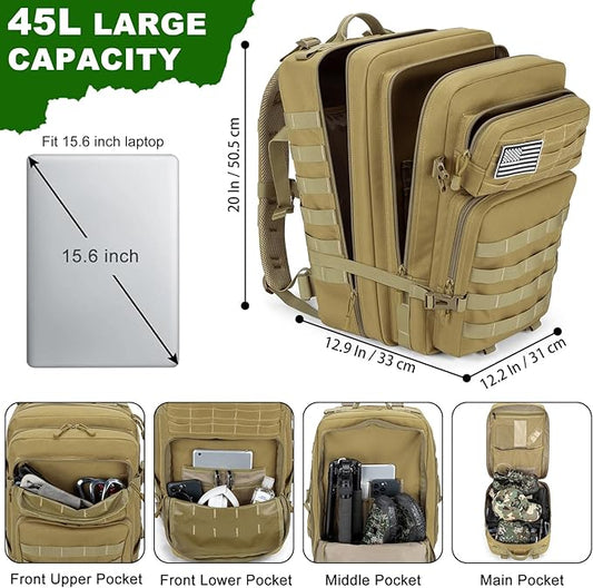 Tactical Backpack 45L Military Rucksack, Water Resistant MOLLE Assault Pack, Large 3 Day Bug Out Bag for Men & Women, Durable Outdoor Gear for Hiking, Camping, Hunting, Travel (Khaki)