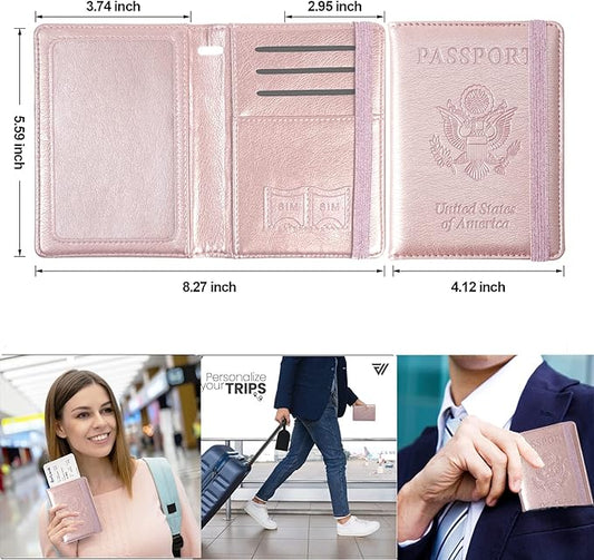 Eoehro Passport and Vaccine Card Holder, Passport Holder Vaccine Card Slot, Passport Wallet, Passport Cover, Passport Case, Passport Holder for Airplane Travel Essentials (E-Elastic band Rose gold)
