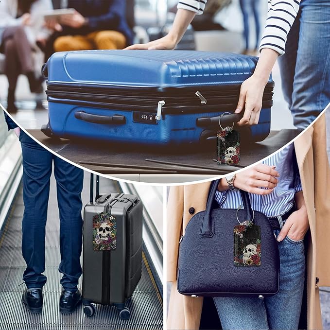 2 Pack Luggage Tag for Suitcase,Skull Flowers Luggage Tag with PU Leather Privacy Cover ID Label & Stainless Steel Loop for Women Men Travel Bag Suitcase
