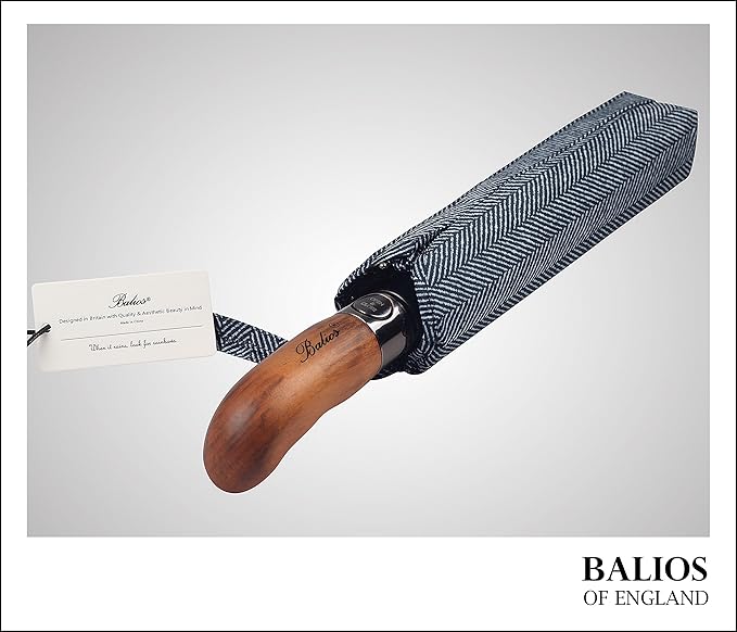 Balios Prestige Travel Folding Umbrella, Handmade Wood Handle, Auto Open & Close
