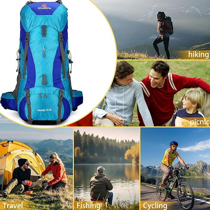 Hiking Backpack for Men and Women 70L+5L Waterproof Lightweight Camping Daypack with Rain Cover for Outdoor Travel Mountaineering - Frameless (Blue)