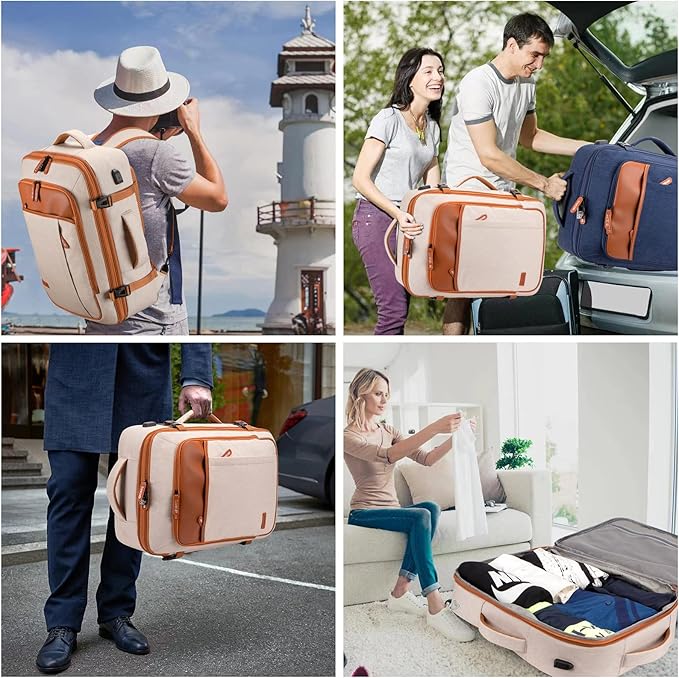 Lumesner Carry on Travel Backpacks, Extra Large 40L Flight Approved for Men & Women,Expandable Suitcase backpack (Beige (Backpack With 4 Packing Cubes))