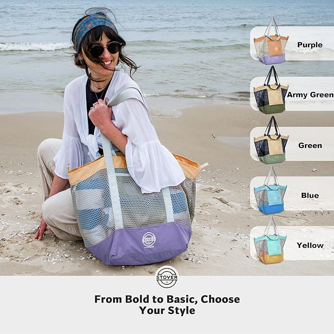 STOVER Large Mesh Beach Bag, Vacation, Pool, Shopping, & Travel Tote - Foldable w/Storage Pockets for Women, Men & Families