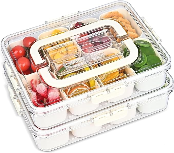 Snackle Box Container, Premium 2-Pack Divided Serving Tray & Lid with 8 Compartments, Large Durable Snackle Boxes for Parties โ Snack box container, Perfect for Treats & Gifts (PET)