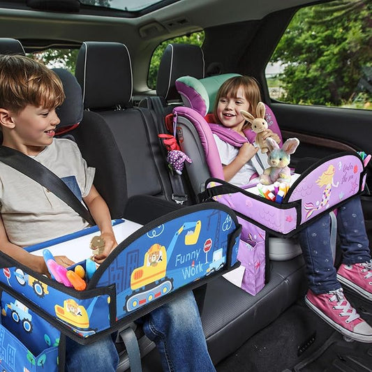 WENRENER 2PCS Kids Travel Tray for Airplane - Toddler Car Seat Table Tray, Road Trip Essentials for Boys & Girls, Carseat Lap Desk for Kids Road Trip Activities (Dark Blue Car/Purple Mermaid)