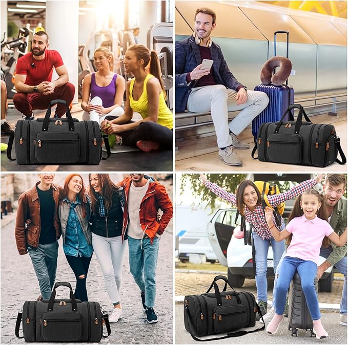 Duffle Bag for Travel, 40L Canvas Travel Duffel Bag With Shoe Compartment And Toiletry Bag, Overnight Weekender Carry On Luggage Bag for Men & Women (Black)