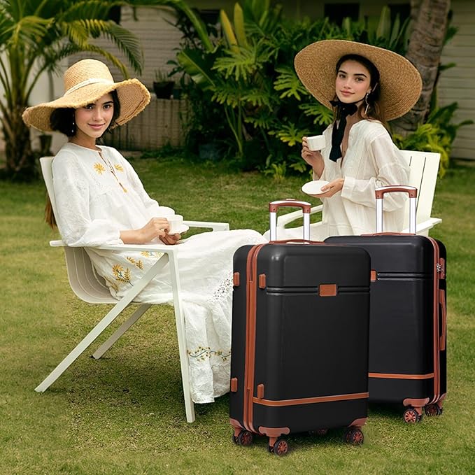 Krute Checked Luggage 24 inch Suitcases with Wheels TSA Approved PC+ABS Lightweight Hard Side Suitcase (BlackBrown)