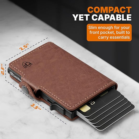 Conceal Plus Wallet for Men, Pop Up Wallet Credit Card Holder - RFID Blocking, Slim Minimalist Credit Card Case (Distressed Brown Genuine Leather)