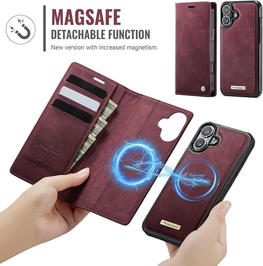 PlusnapX Wallet Case for iPhone 17 Compatible with Magsafe, 2-in-1 PU Leather Flip RFID Blocking Card Holder Stand Shockproof Magnetic Detachable Case for iPhone 17 Case 6.3", Burgundy