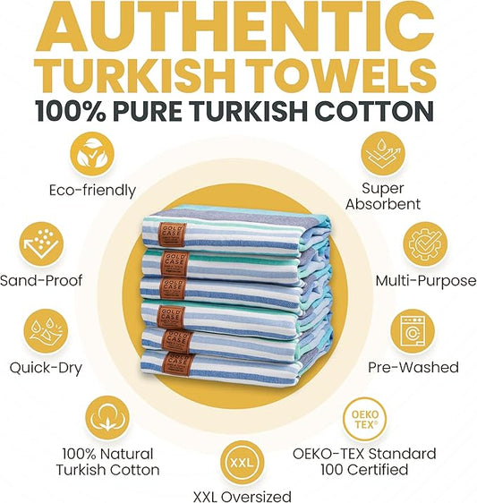 Gold CASE Turkish Beach Towel Set of 6 – 100% Cotton Large Turkish Bath Towels 70 x 38'' – OLYMPOS Oversized, Quick Dry & Sand Free Beach Towel – Lightweight Towels Set - Blue