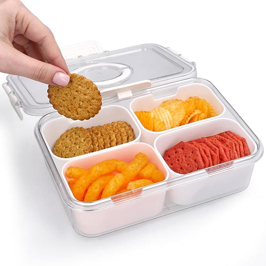 Snackle Box Container with Lid- Travel Charcuterie Box with Handle - Organizer for Candy, Fruit, Nuts, Veggies, Snacks, Beach Essentials, Portable Lunch Box (Bright White, Small)