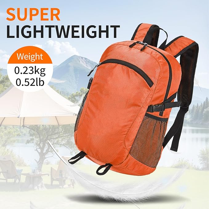 Small Hiking Backpack 15L Travel Lightweight Hiking Packable Daypack Water-Resistant Foldable Backpacks for Women Men Camping (Orange)