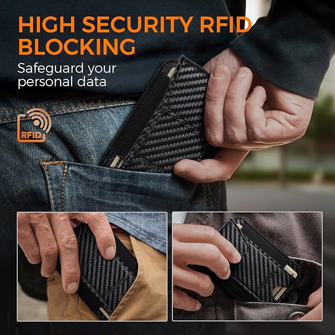 RUNBOX Slim Wallet for Men Front Pocket wallet with Cash Strap Minimalist Leather RFID Blocking wallet