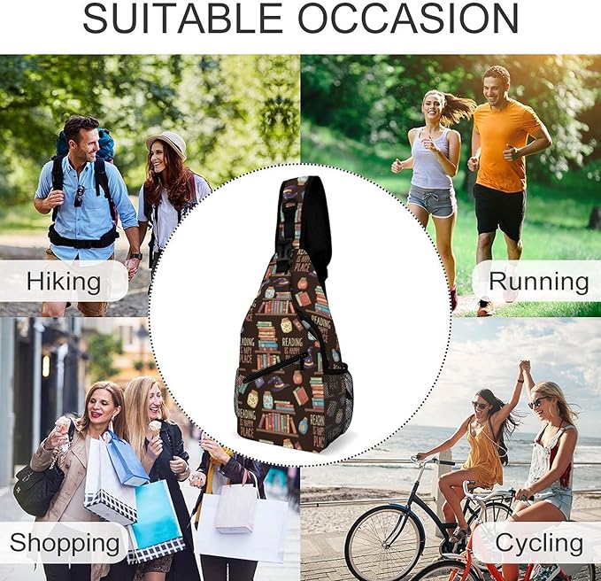 SWEET TANG Fashion Sling Backpack for Men Women, Lightweight Sling Shoulder Bag, Outdoor Chest Crossbody Bike Gym Runner Daypack with Adjustable Strap, Reading Book Is My Happy Place