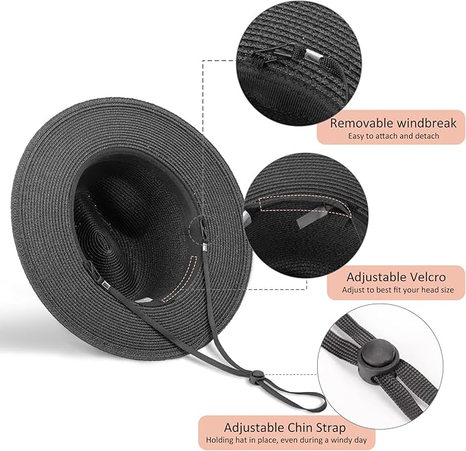 DRESHOW Women Straw Panama Hat Travel Fedora Beach Sun Hat Summer Wide Brim Straw Roll up Hat UPF 50+