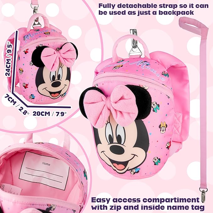 Disney Minnie Mouse Mini Backpack with Toddler Safety Harness for Girls 9x8” Daycare Bag Backpack with Leash Preschool Outdoor Travel Gifts