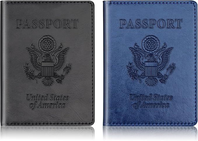 Herain Black & Dark Blue Passport Holder for Travel, Passport Cover Wallet Case 2 Pack Women Men Family Cruise Ship Essentials, Passports Book Holders Travel Vacation Must Haves
