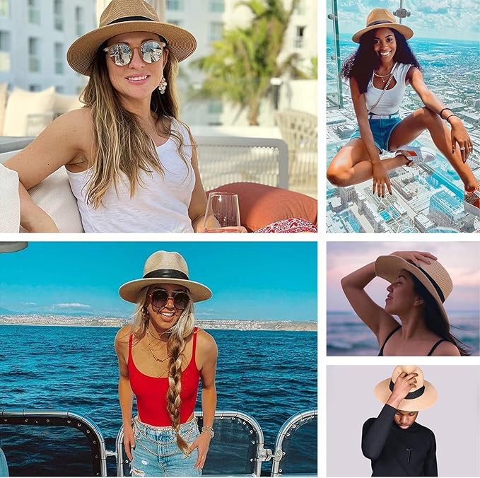 FURTALK Womens Mens Wide Brim Straw Panama Hat Fedora Summer Beach Sun Hats UPF Straw Hat for Women