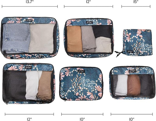 Jadyn Packing Cubes for Travel, 6-Piece Large Packing Cube Organizer Set for Suitcase, Duffel Bag, Luggage, Multiple Sizes Travel Essentials (Navy Floral)