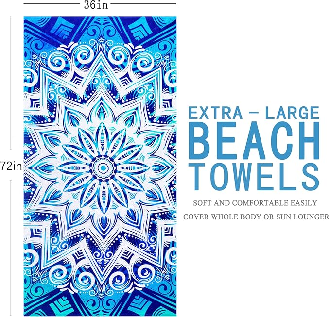 4 Packs Oversized Thin Beach Towel Set, 36 x 72 in XL Extra Large Big Soft Pool Swim Travel Towels Clearance for Adult Women Men Lounge Chair Cover Accessories Essentials Blue Vortex Orange Stripes