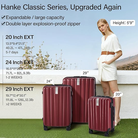 Hanke 29 Inch Expandable Checked Luggage Lightweight PC Hard Shell Luggage Suitcases with Wheels Tsa Luggage Rolling Large Suitcase Travel Luggage Bag for Study Abroad(Burgundy)
