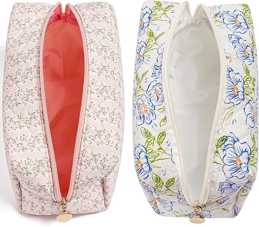 Makeup Bag Travel Cosmetic Bag for Women Girls, Zipper Make Up Pouch, Floral Flowers Toiletry Organizer Makeup, Portable Storage Bag, Cosmetic Travel Cloth Bag (Pink+Large Blue Flowers)