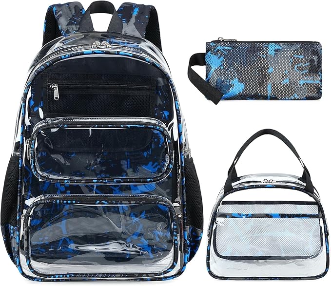 CAMTOP Clear Backpack Heavy Duty Transparent Bag See Through BookBag for Student School Work Festival Sport Travel (Blue Camo Set)