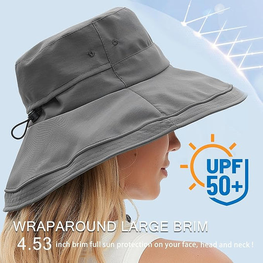 Sun Hats for Women Men UV Protection Wide Brim Bucket Hat with Ponytail Hole Waterproof Gardening Fold-Up Summer Cap