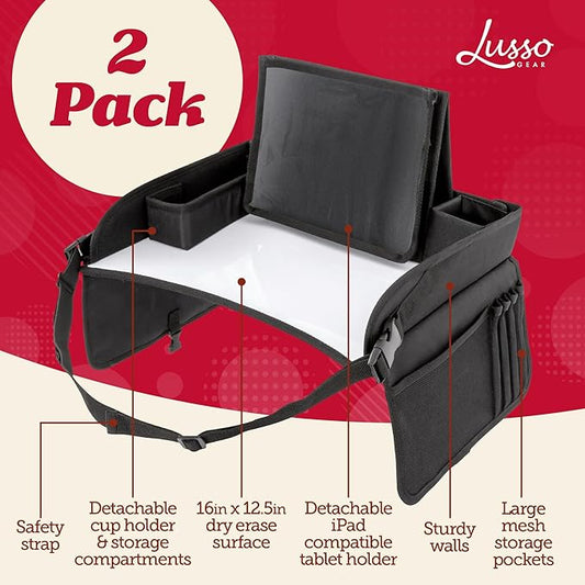 Lusso Gear Kids Travel Tray (Value 2-Pack) - Road Trip Essentials Organizer & Car Seat Tray with Tablet Stand - Toddler Lap Desk Organizer - Dry Erase Activity Surface