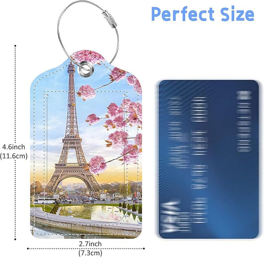 Set of 2 Luggage Tags Romantic Eiffel Tower Leather Suitcases Tag with Privacy Cover Stainless Steel Loop and Address Card for Women Men Travel