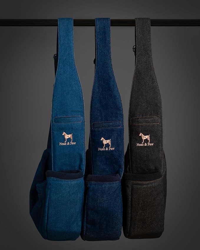 Noah & Paw Dog Sling Carrier for Small Dogs 5-18lb, Dog Sling for Small Dogs and Cats, Dog Carrier with Adjustable Padded Strap, Vegan Denim Lined with Fur, 3X Safety Features, Machine Washable